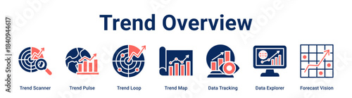 Trend Overview web banner icon vector illustration concept for business with icon of Trend Scanner, Trend Pulse, Trend Loop, Trend Map, Data Tracking, Data Explorer.