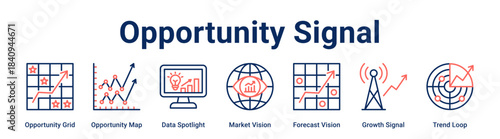Opportunity Signal web banner icon vector illustration concept for business with icon of Opportunity Grid, Opportunity Map, Data Spotlight, Market Vision, Forecast Vision, Growth Signal.