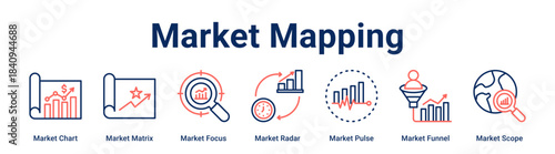 Market Mapping web banner icon vector illustration concept for business with icon of Market Chart, Market Matrix, Market Focus, Market Radar, Market Pulse, Market Funnel.