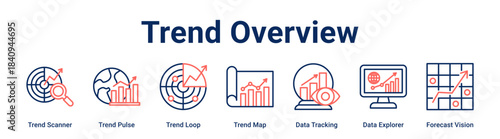 Trend Overview web banner icon vector illustration concept for business with icon of Trend Scanner, Trend Pulse, Trend Loop, Trend Map, Data Tracking, Data Explorer.