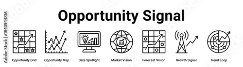 Opportunity Signal web banner icon vector illustration concept for business with icon of Opportunity Grid, Opportunity Map, Data Spotlight, Market Vision, Forecast Vision, Growth Signal.