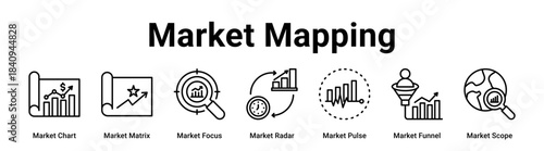 Market Mapping web banner icon vector illustration concept for business with icon of Market Chart, Market Matrix, Market Focus, Market Radar, Market Pulse, Market Funnel.