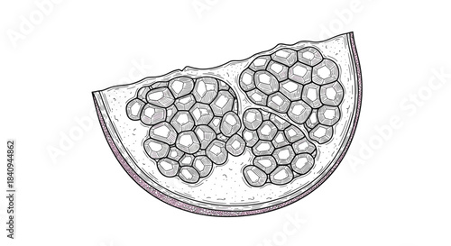 Cross section of a citrus fruit reveals numerous seeds packed into rounded chambers creating a geometric interior with intricate line work and shading.