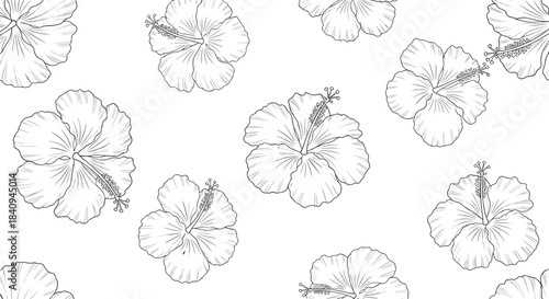 Floral pattern featuring hibiscus blossoms scattered across a clean white background suitable for seamless textile or wallpaper design.