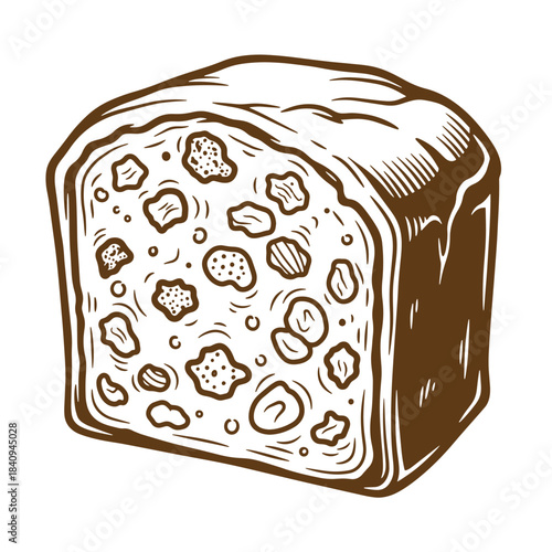 A delicious vintage sketch illustration of fruit cake loaf isolated on a white background