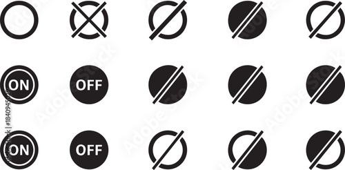 Set of 15 Black and White Basic On Off Control Icons Vector