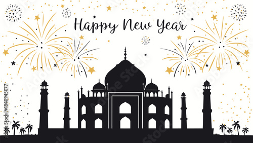 A festive black silhouette of the Taj Mahal on a bright white background, surrounded by graceful fireworks, stars, and confetti trails. The words “Happy New Year” are written above the domes in artist
