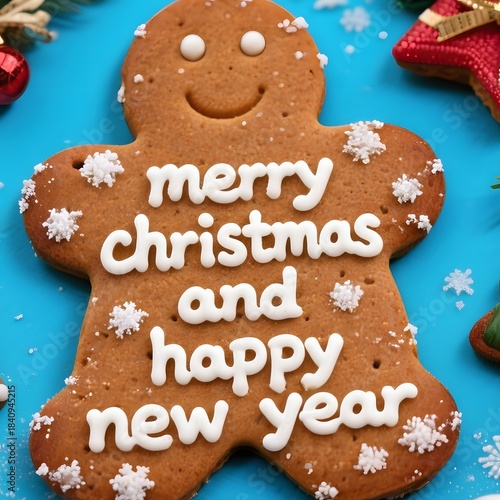 4k high quality Ai generative HD photo realistic red green white calligraphy Merry Christmas and Happy new year tree ornament cute kawaii natal chocolate cookies icing cream gingerbread man dough