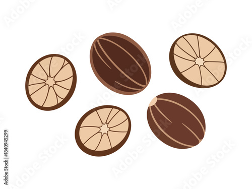Collection of whole and sliced nutmeg seeds, a fragrant and essential spice for culinary dishes and baking recipes