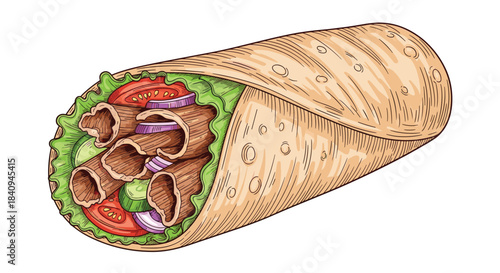 Wrap filled with grilled meat lettuce tomatoes onions cucumbers peppers and herbs rolled in a soft tortilla and presented as a tasty handheld meal.