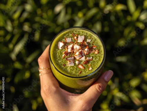 A hand holds a green smoothie topped with coconut flakes under warm natural light.