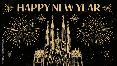 A detailed vector of the Sagrada Familia in Barcelona drawn in black silhouette, with festive fireworks illuminating the spires and “Happy New Year” displayed above, historic architecture