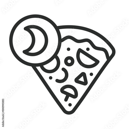 Late Night Pizza Icon. Minimal Line Illustration of Pizza Slice with Crescent Moon, Representing Midnight Snack, Night Food Delivery and Craving. Isolated Outline Vector Sign.