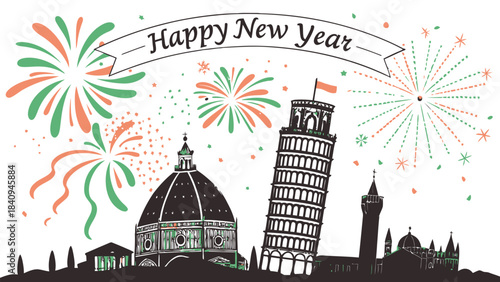 A detailed vector illustration featuring the Tower of Pisa and Florence Cathedral in black silhouette on white background, framed by fireworks and streamers. The festive phrase “Happy New Year” arches