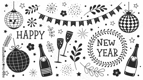 Detailed Vector Illustration Composed of Black Silhouettes. Versatile for Festive Events, Party Designs & Decor.