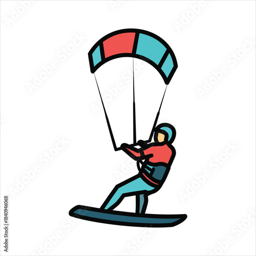 Vibrant vector graphic of an active person engaging in exciting kitesurfing, mastering the waves and wind