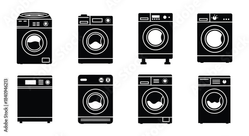 Variety of washing machine silhouettes in a black and white arrangement