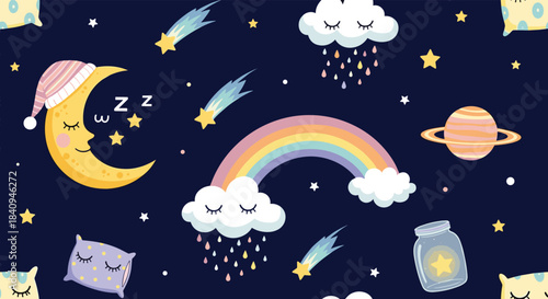 Dreamy night scene features a sleepy crescent moon among stars a rainbow arches over clouds raindrops glitter while whimsical objects drift through dark sky.
