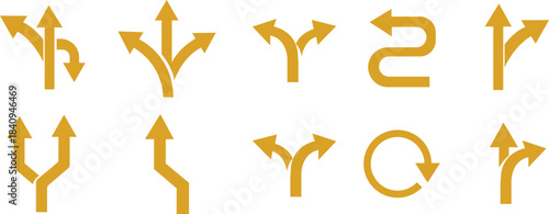 Way Direction Arrow Sign Icon set. Road navigation arrows. Driving direction mark, location point crossroad. Way direction arrow sign. Vector illustration. Traffic way icon isolated Road arrow.