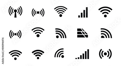 Collection of various black wifi signal strength icons on a white background