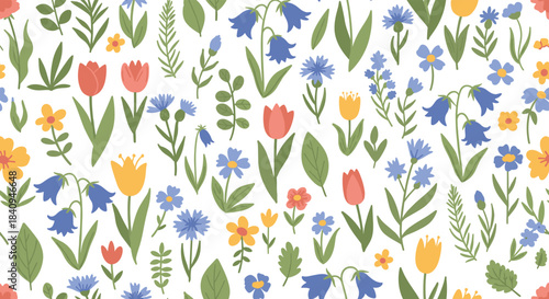Vibrant floral field with tulips cornflowers and tiny blossoms in green leaves forming a cheerful seamless pattern suitable for textiles and wallpaper.