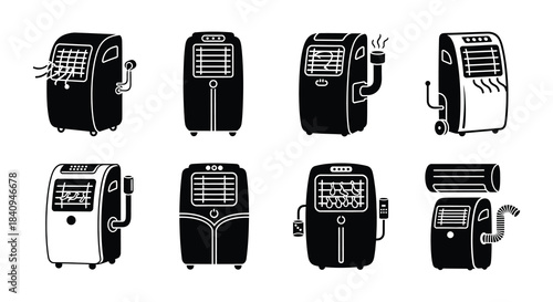 Black and white illustrations of various portable air conditioning units displayed