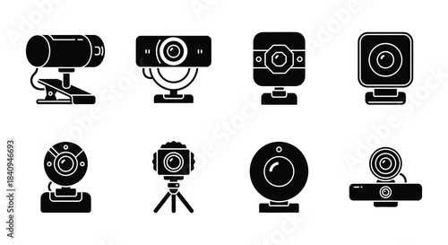 Collection of various black and white webcam and camera icons displayed