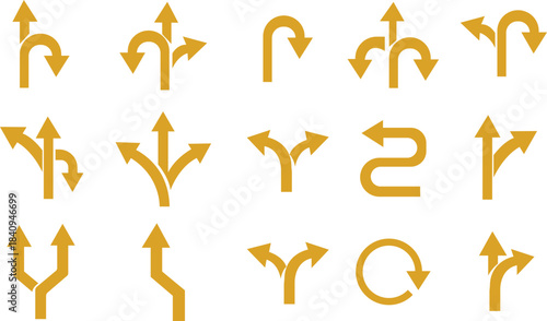 Way Direction Arrow Sign Icon set. Road navigation arrows. Driving direction mark, location point crossroad. Way direction arrow sign. Vector illustration. Traffic way icon isolated Road arrow.