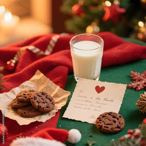  4k high quality Ai generative HD photo realistic red white Christmas tree ornament secret letter mail to Santa Claus milk chocolate chip cookies snow winter background blanket paper light view
