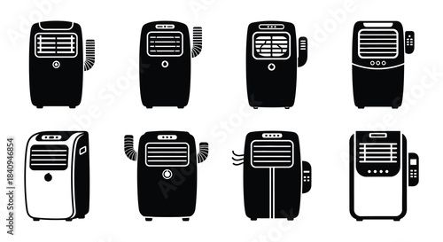 Black and white illustrations of various portable air conditioning units displayed