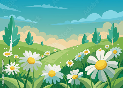 Spring landscape with daisy flowers on rolling green hills under blue sky