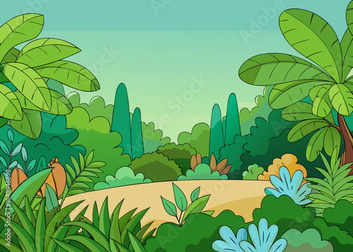 Cartoon jungle landscape with lush green tropical vegetation and path