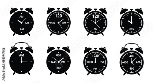 A collection of black alarm clocks displaying different times of day