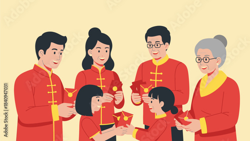 A heartwarming flat design illustration depicting a multi-generational family exchanging red envelopes (angpao) during their Chinese New Year celebration, symbolizing blessings and good fortune. 
