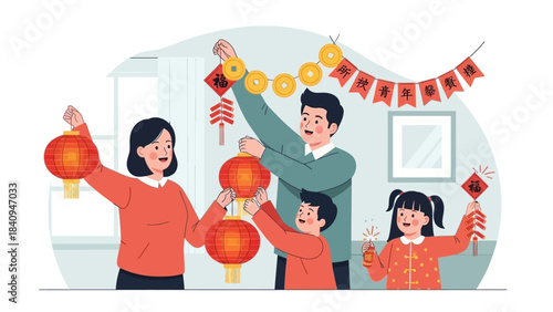 A delightful flat design illustration of an Asian family adorning their home with vibrant red lanterns and other festive decorations for Chinese New Year.
