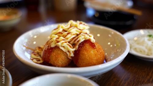 Delicious Takoyaki with Mayonnaise and Sauce Drizzle.