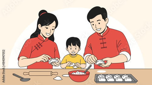 A charming flat design illustration showing an Asian family joyfully preparing traditional Chinese dumplings together in the kitchen for Chinese New Year. 