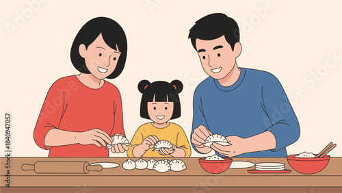 A charming flat design illustration showing an Asian family joyfully preparing traditional Chinese dumplings together in the kitchen for Chinese New Year. 