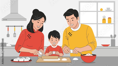 A charming flat design illustration showing an Asian family joyfully preparing traditional Chinese dumplings together in the kitchen for Chinese New Year. 