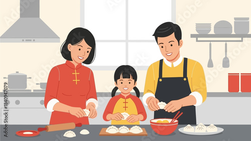 A charming flat design illustration showing an Asian family joyfully preparing traditional Chinese dumplings together in the kitchen for Chinese New Year. 