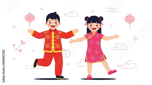A vibrant flat design illustration capturing the excitement of Asian children proudly showcasing their new, traditional Chinese New Year clothes. 