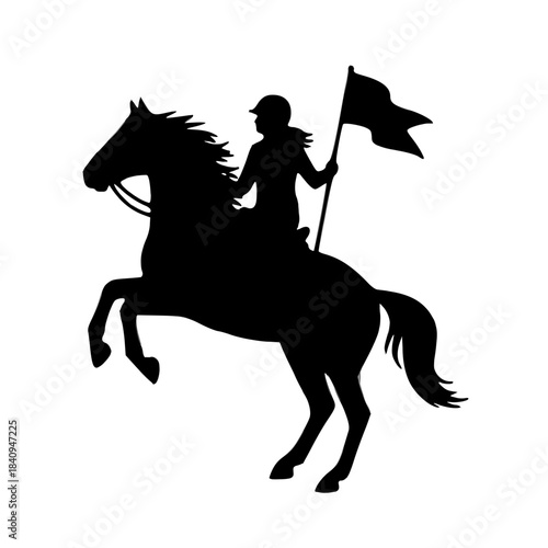 Black Horse Silhouette Rearing with Equestrian Rider Holding a Flag