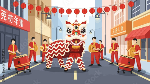 This flat design vector illustration portrays Group of Chinese New Year lion dance performance in the street during Chinese New Year festivities. 