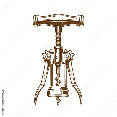 Detailed brown sketch vintage illustration of a classic winged corkscrew wine opener