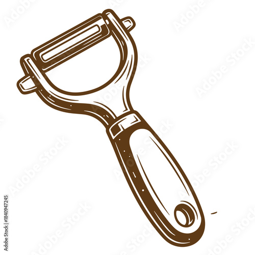 Detailed brown sketch vintage illustration of a vegetable peeler isolated on white background