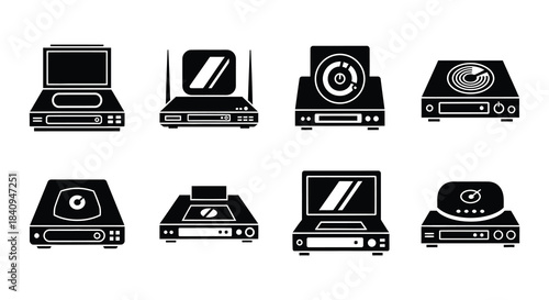 Black silhouette icons representing various vintage and modern media players