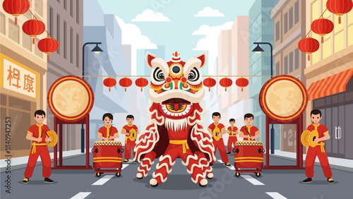 This flat design vector illustration portrays Group of Chinese New Year lion dance performance in the street during Chinese New Year festivities. 