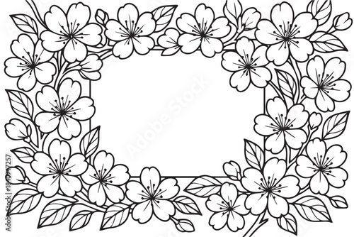 A delicate vector frame featuring cherry blossom sakura flowers and soft leaves, arranged elegantly to create a gentle, inviting border perfect for invitations, greeting cards, and romantic designs.