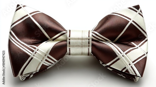 Vintage British brown-check bow tie: overhead on white, low-angle soft light highlights weave, hi-res for retro style blog, magazine insert, shop detail