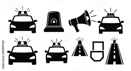 Black silhouette icons depicting police vehicles loudspeakers and warning signals
